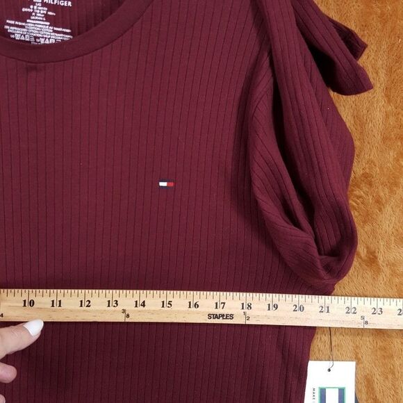 TOMMY HILFIGER Shirt Mens Large Maroon Pullover Crew Long Sleeve Ribbed Knit - Picture 4 of 6